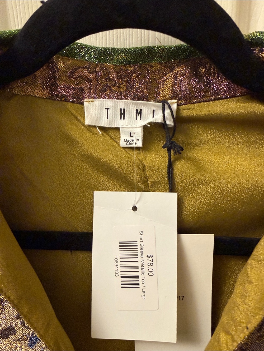 THML Blue, Green & Gold Metallic Short-Sleeve Jacquard Blouse - Picture 2 of 8